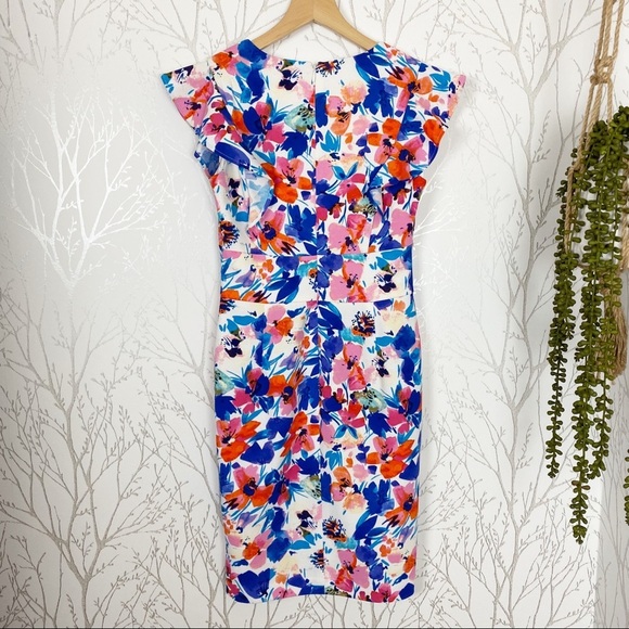 DKNY V-Neck Watercolor Floral Print Ruffle Cap Sleeve Sheath Dress NWT 2 - Picture 5 of 10